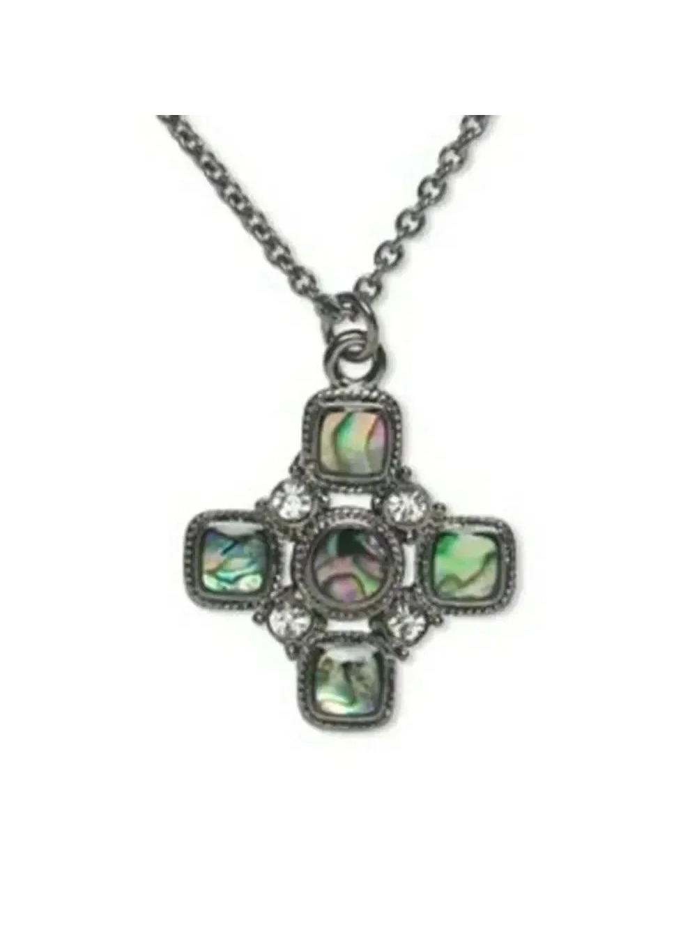 Gunmetal Abalone Paua Shell Maltese Cross Pendant Necklace